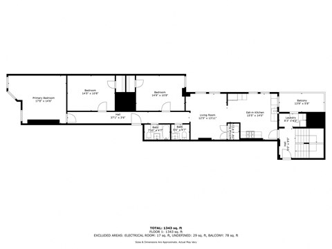 Floor plan for 2 beds, 1.5 baths, 1191 sqft